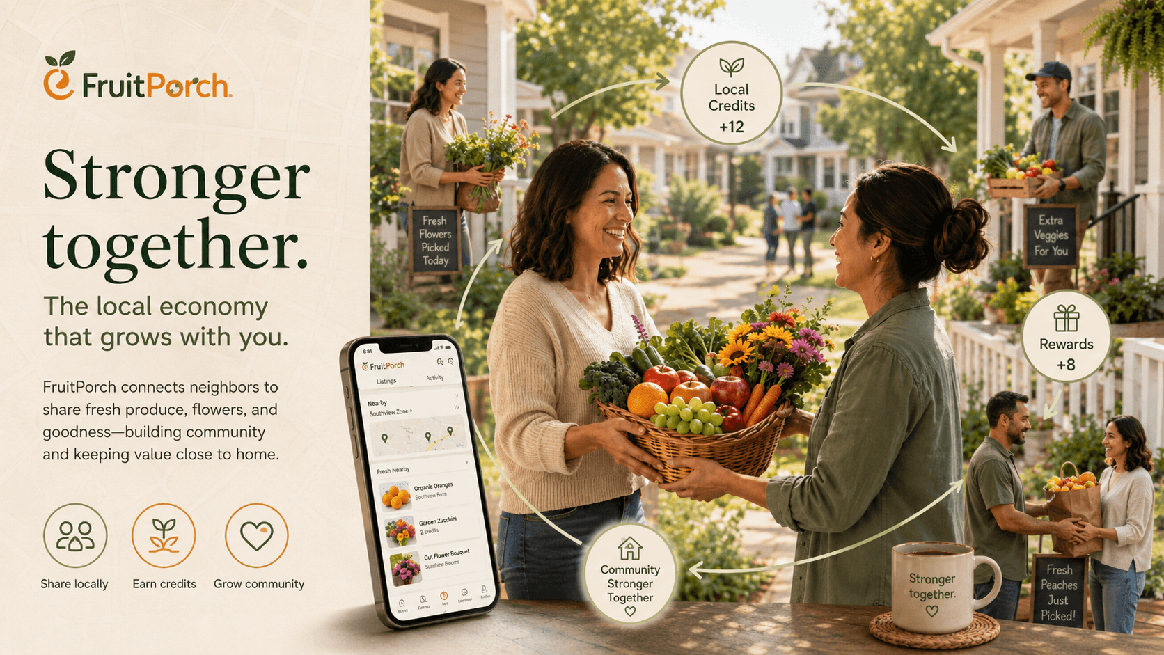 Neighbors building a local economy on FruitPorch by sharing fruit, vegetables, and flowers and earning Fruit Bucks credits and rewards
